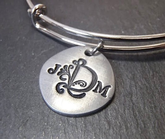 Monogram Adjustable Bangle Bracelet Personalized with Flourished Monogram on Organically Shaped Charm - drake designs jewelry