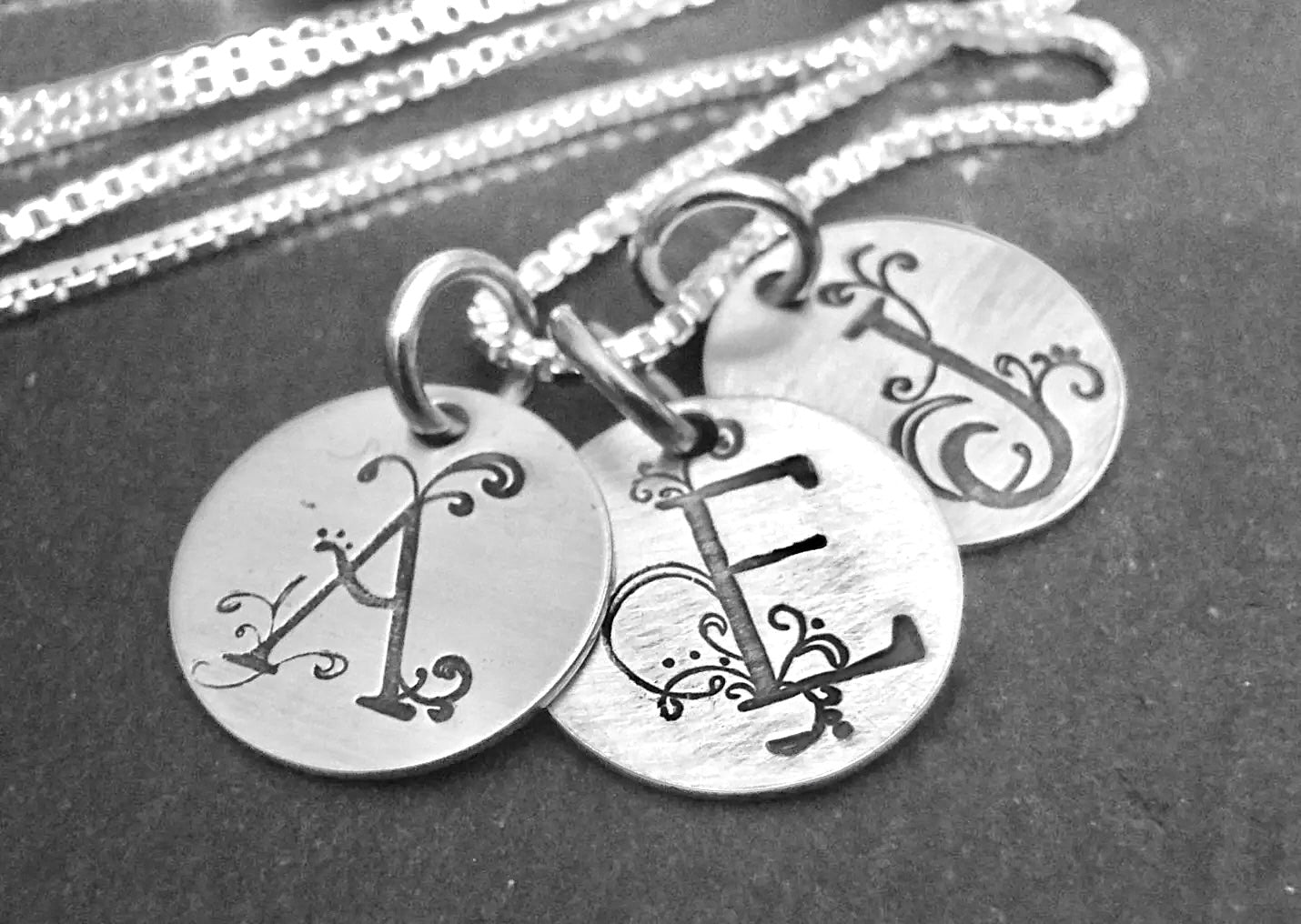 Personalized Sterling Silver Mom Necklace with Flourished Kids Initials Necklace - drake designs jewelry