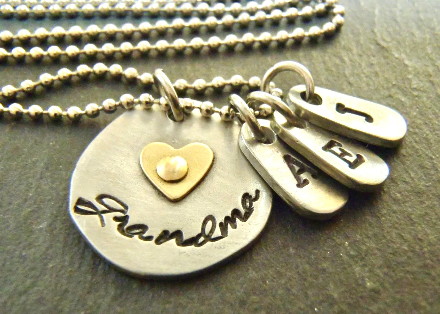 Personalized Mixed Metal Grandma Necklace with Golden Brass Heart and Grandchildren's Initials - drake designs jewelry