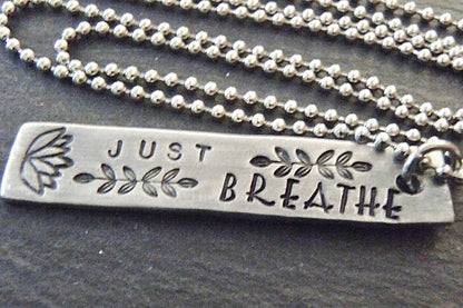 Just Breathe inspirational bar necklace