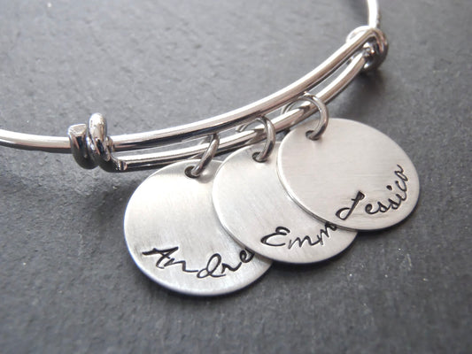 Mother's bracelet with children's name charms in script font on an adjustable bangle bracelet - Drake Designs Jewelry