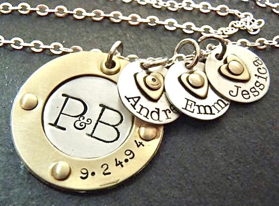 Sterling Silver Mothers Necklace with Kids Names - Gold Raised Border Rim and Sterling Silver Name Charms with Gold Heart - Drake Designs Jewelry