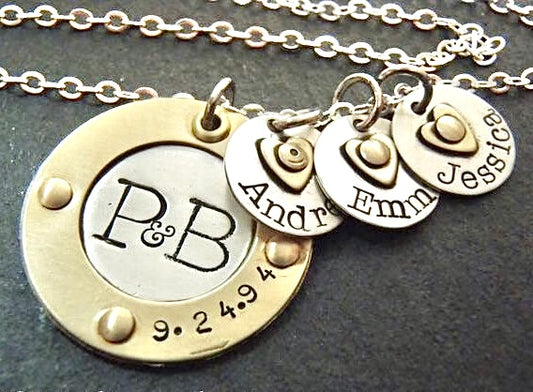 Sterling Silver Mothers Necklace with Kids Names - Gold Raised Border Rim and Sterling Silver Name Charms with Gold Heart - Drake Designs Jewelry