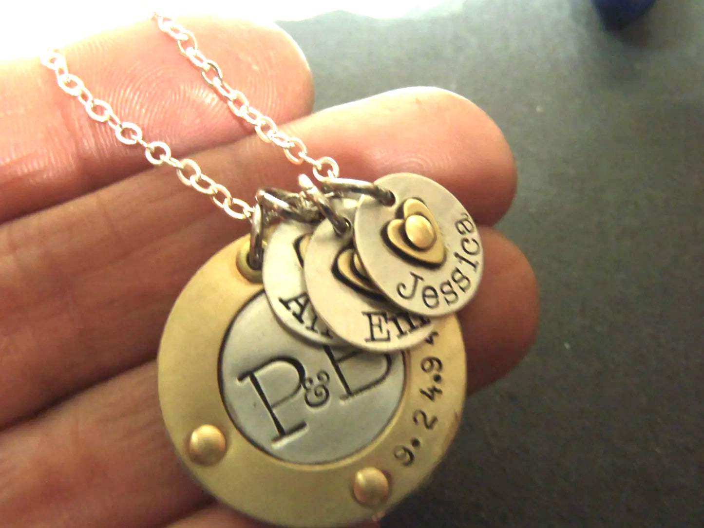 Sterling Silver Mothers Necklace with Kids Names - Gold Raised Border Rim and Sterling Silver Name Charms with Gold Heart - Drake Designs Jewelry