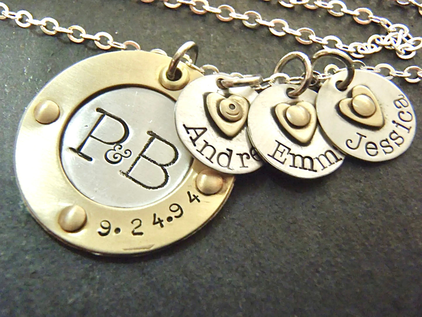 Sterling Silver Mothers Necklace with Kids Names - Gold Raised Border Rim and Sterling Silver Name Charms with Gold Heart - Drake Designs Jewelry