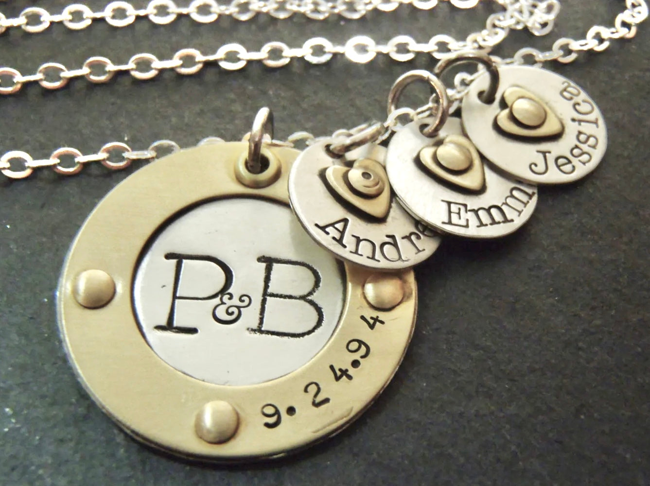 Sterling Silver Mothers Necklace with Kids Names - Gold Raised Border Rim and Sterling Silver Name Charms with Gold Heart - Drake Designs Jewelry