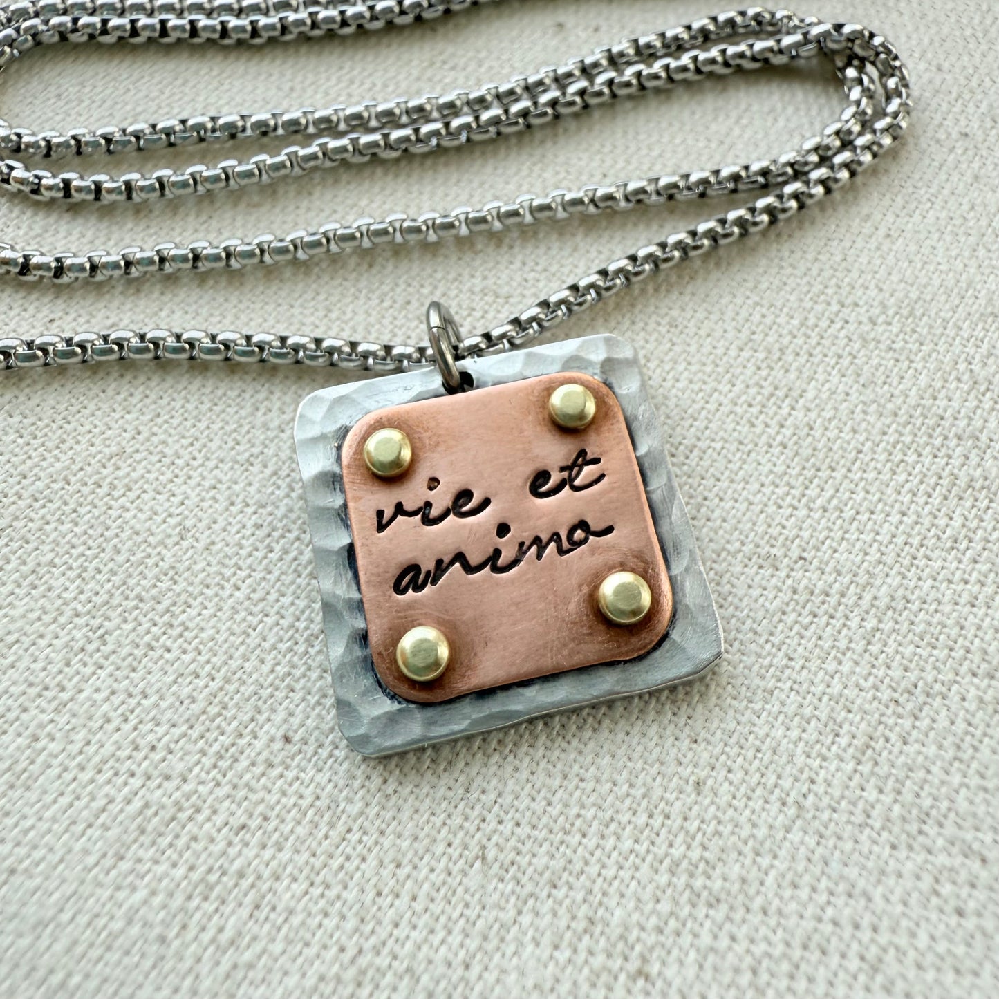 Vie et Animo Necklace | Latin Phrase Jewelry | Strength and Courage | With Heart and Soul |Hand Crafted by Drake Designs Jewelry