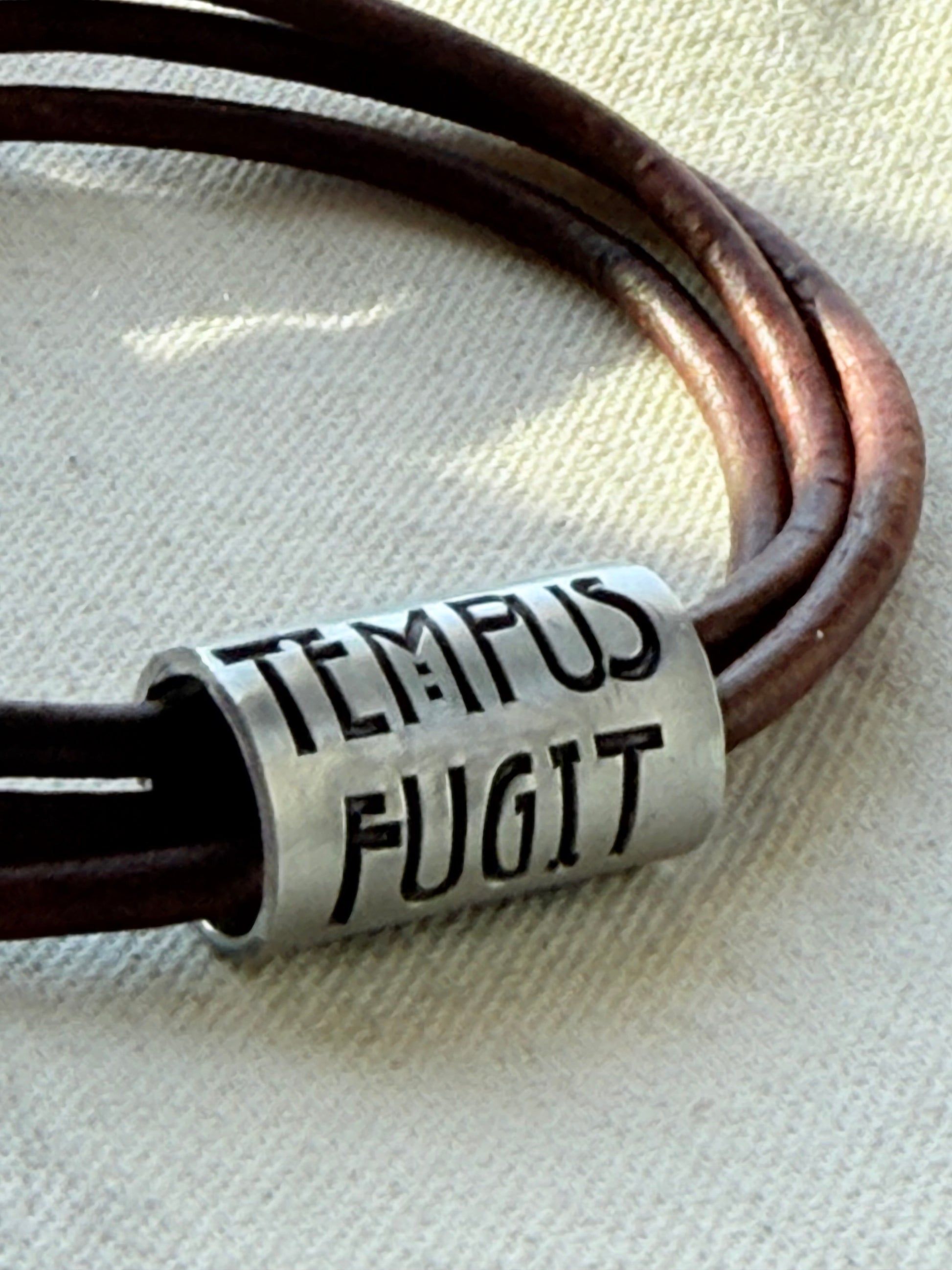 Tempus fugit bracelet | time flies Latin phrase bracelet | hand crafted Leather wrap bracelet | drake designs jewelry
