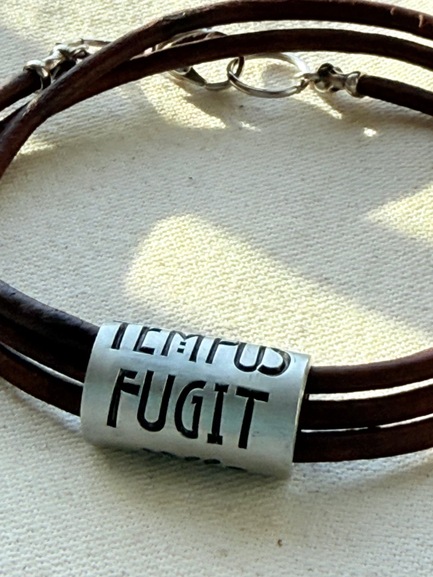Tempus fugit bracelet | time flies Latin phrase bracelet | hand crafted Leather wrap bracelet | drake designs jewelry