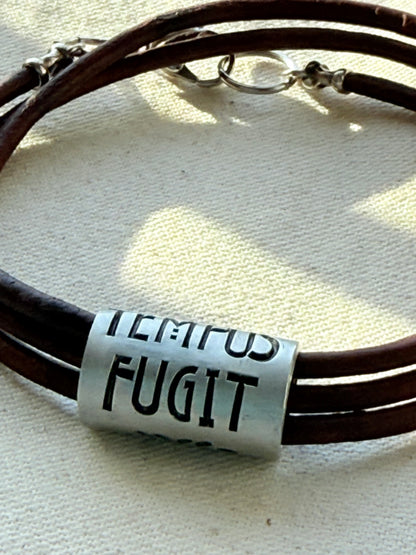 Tempus fugit bracelet | time flies Latin phrase bracelet | hand crafted Leather wrap bracelet | drake designs jewelry