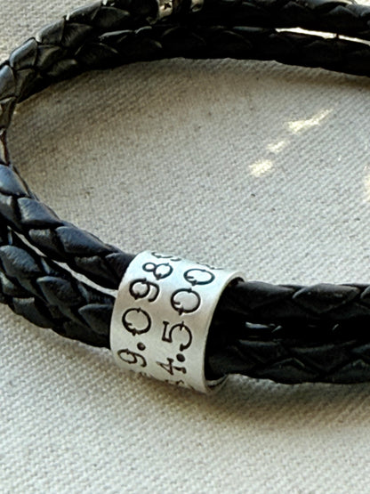 Sterling Silver | Coordinates Bracelet for Men or Women Latitude Longitude Jewelry | Braided Leather | Drake Designs Jewelry