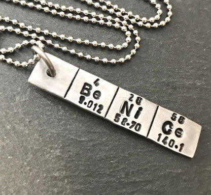 Be nice periodic table necklace - chemistry jewelry- drake designs jewelry