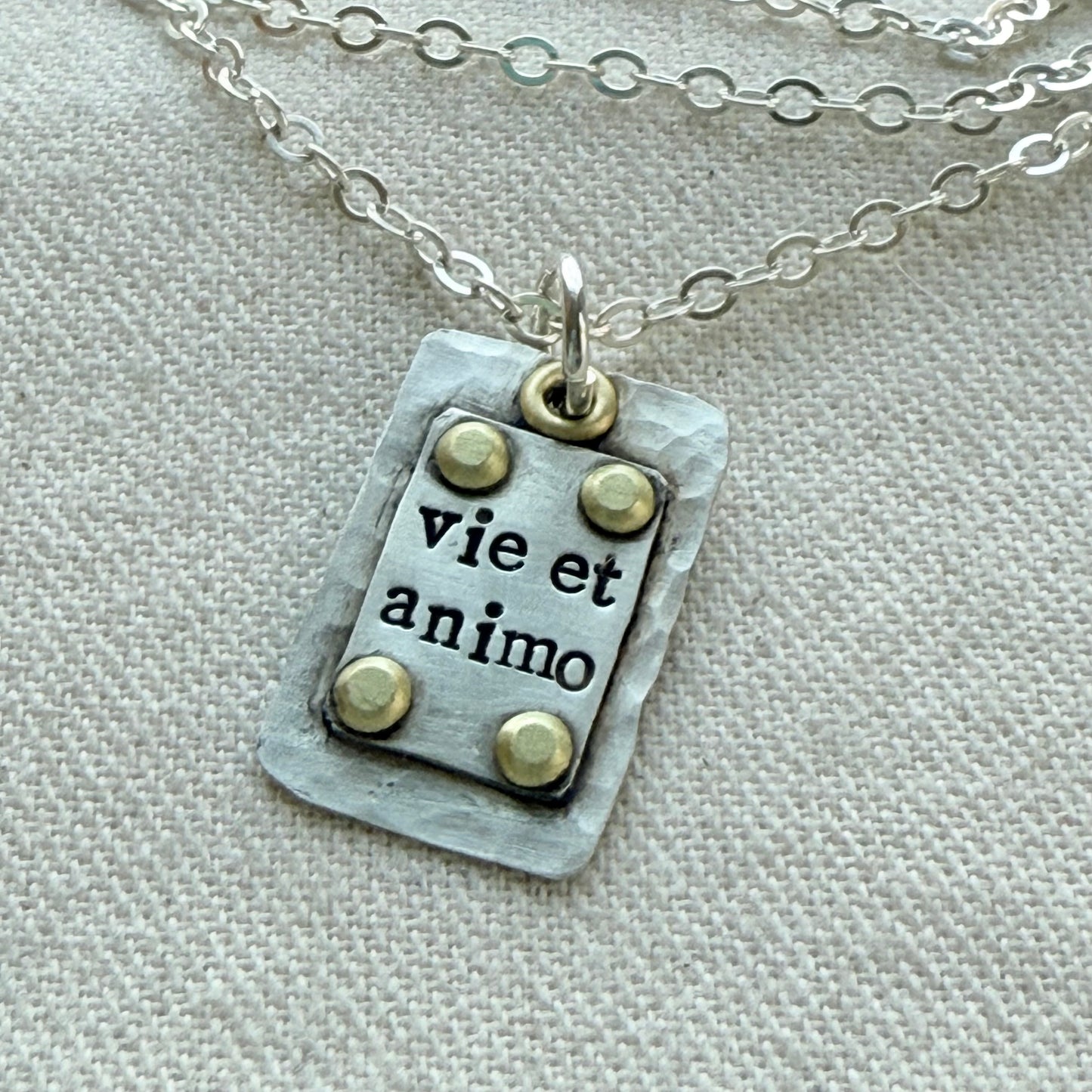Sterling Silver and Golden brass | Vie et Animo | Rustic Hammered | Latin Phrase Necklace with Hearty and Soul - drake designs jewelry