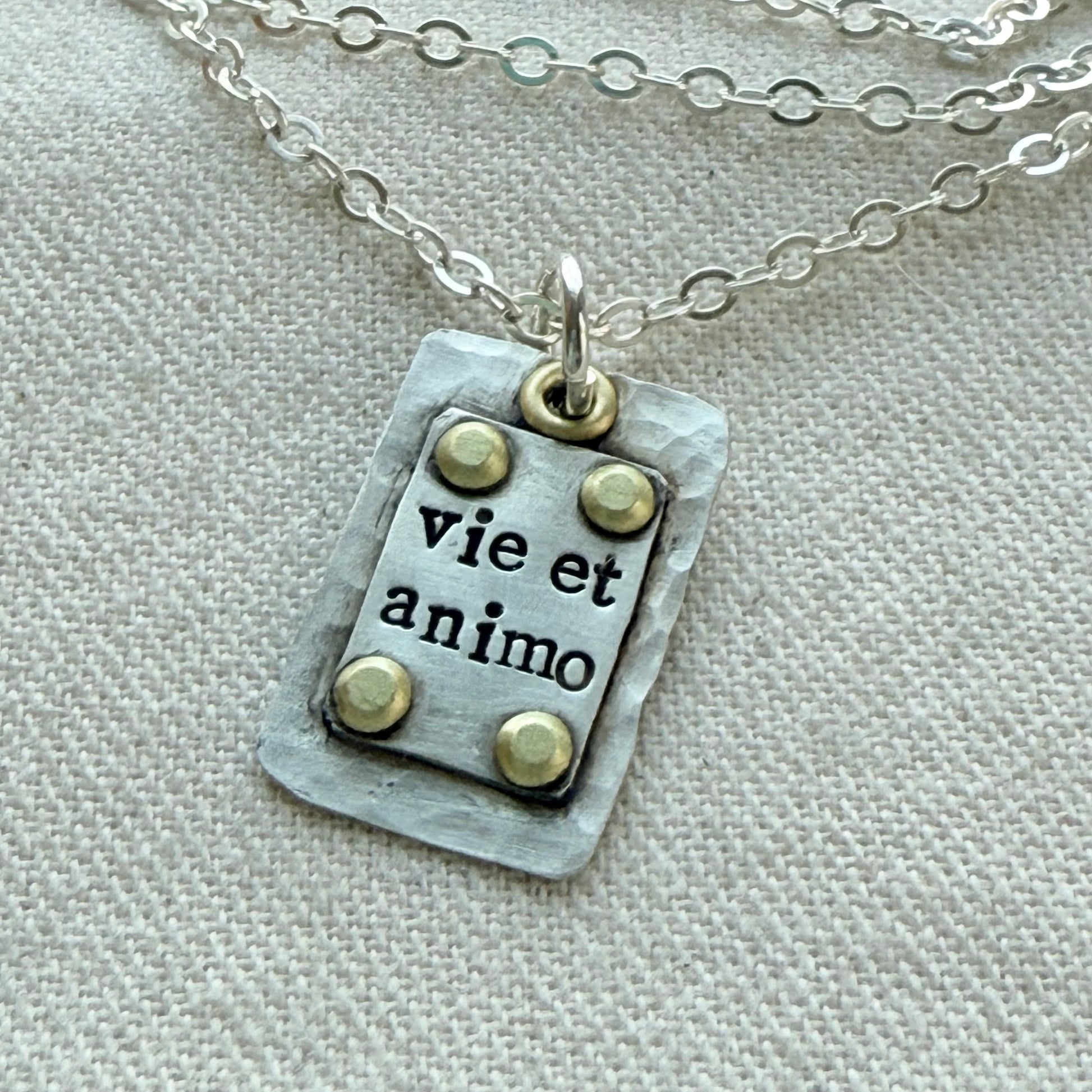 Sterling Silver and Golden brass | Vie et Animo | Rustic Hammered | Latin Phrase Necklace with Hearty and Soul - drake designs jewelry