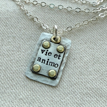 Sterling Silver and Golden brass | Vie et Animo | Rustic Hammered | Latin Phrase Necklace with Hearty and Soul - drake designs jewelry