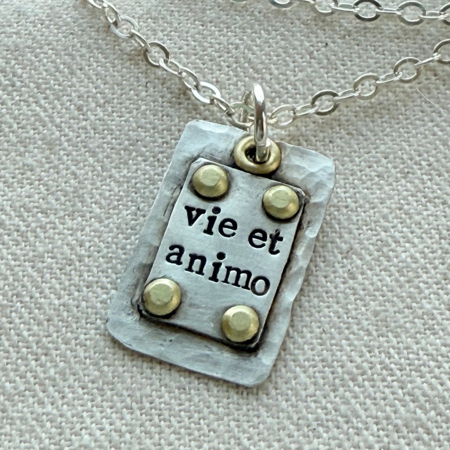 Sterling Silver and Golden brass | Vie et Animo | Rustic Hammered | Latin Phrase Necklace with Hearty and Soul - drake designs jewelry
