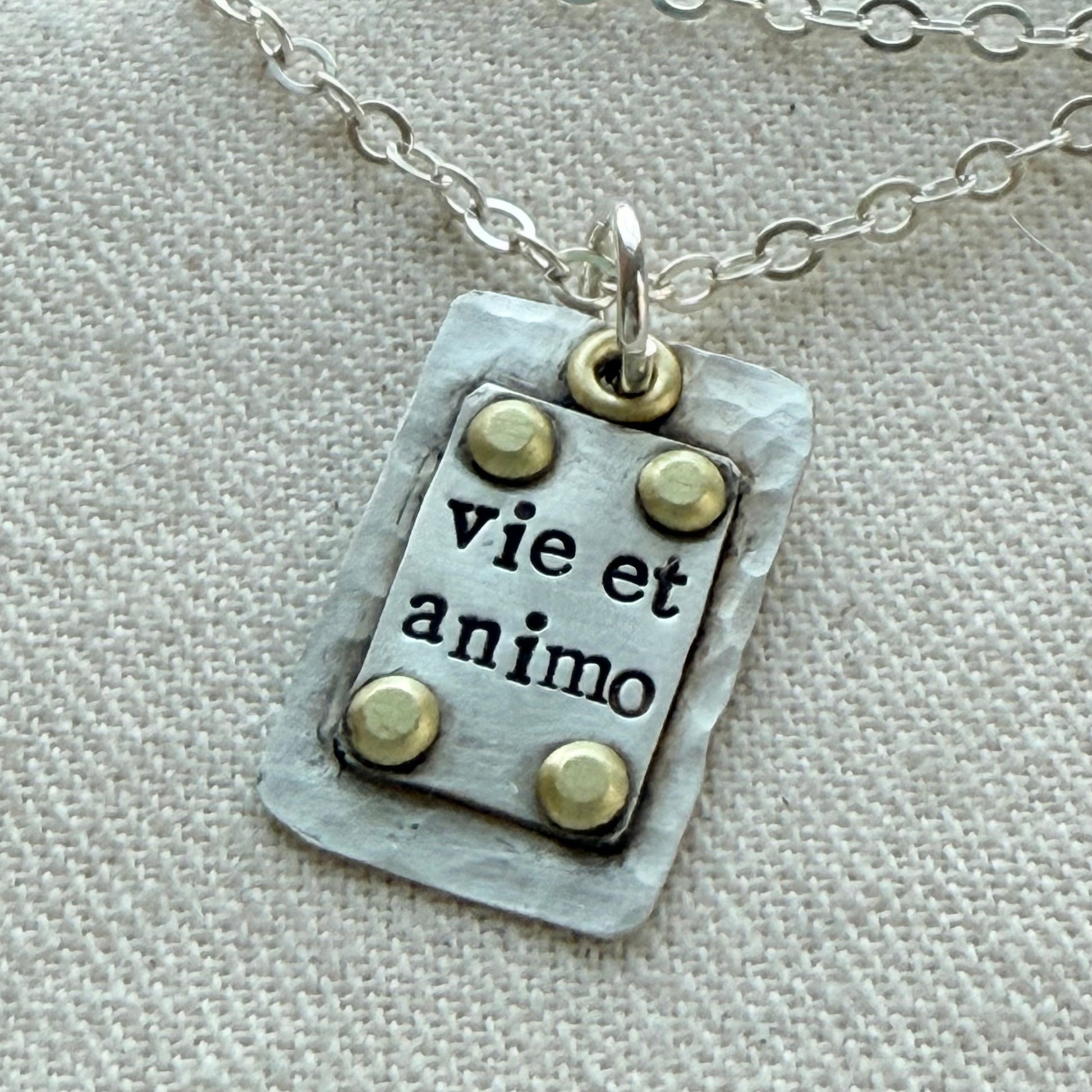 Sterling Silver and Golden brass | Vie et Animo | Rustic Hammered | Latin Phrase Necklace with Hearty and Soul - drake designs jewelry