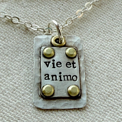 Sterling Silver and Golden brass | Vie et Animo | Rustic Hammered | Latin Phrase Necklace with Hearty and Soul - drake designs jewelry