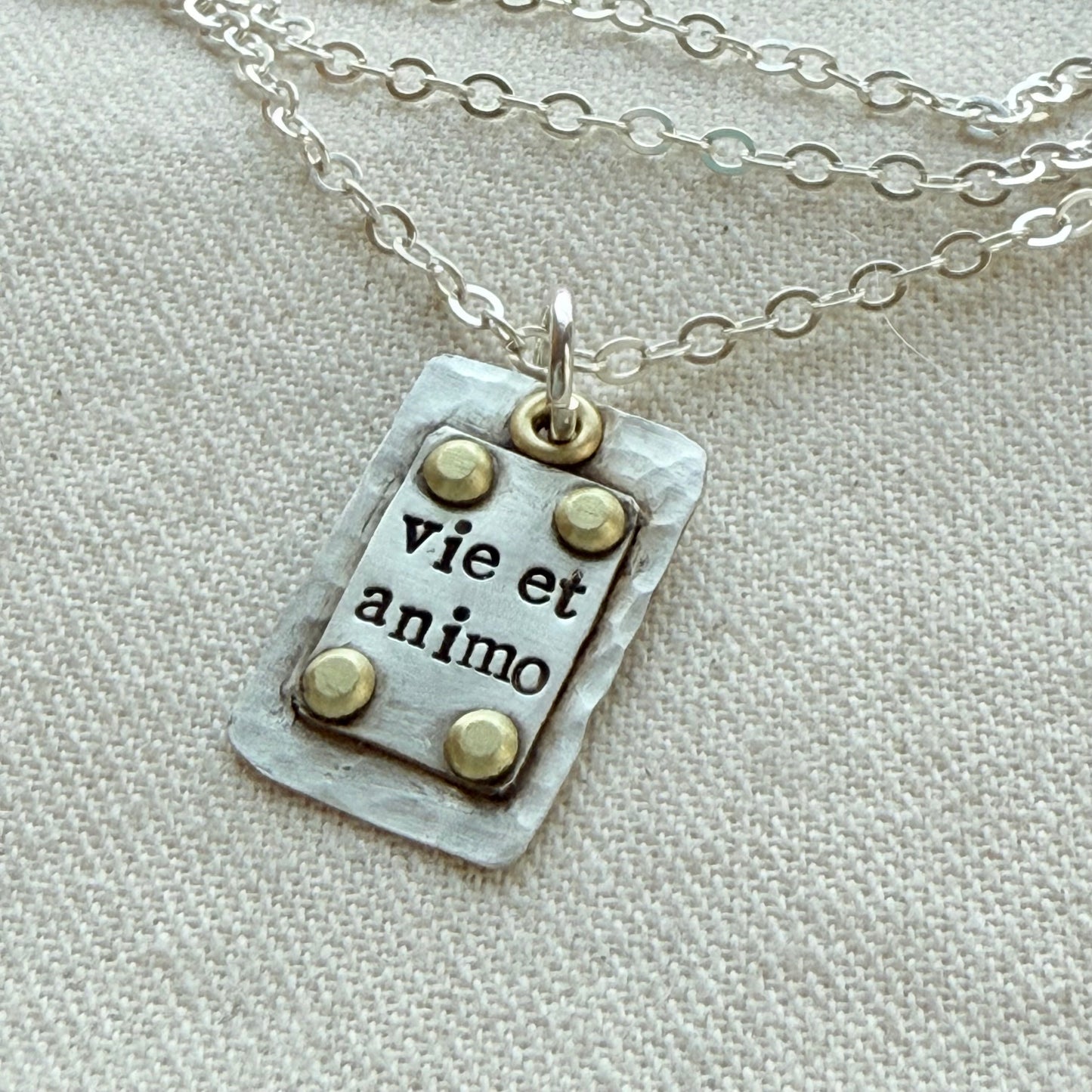 Sterling Silver and Golden brass | Vie et Animo | Rustic Hammered | Latin Phrase Necklace with Hearty and Soul - drake designs jewelry