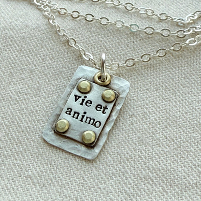 Sterling Silver and Golden brass | Vie et Animo | Rustic Hammered | Latin Phrase Necklace with Hearty and Soul - drake designs jewelry