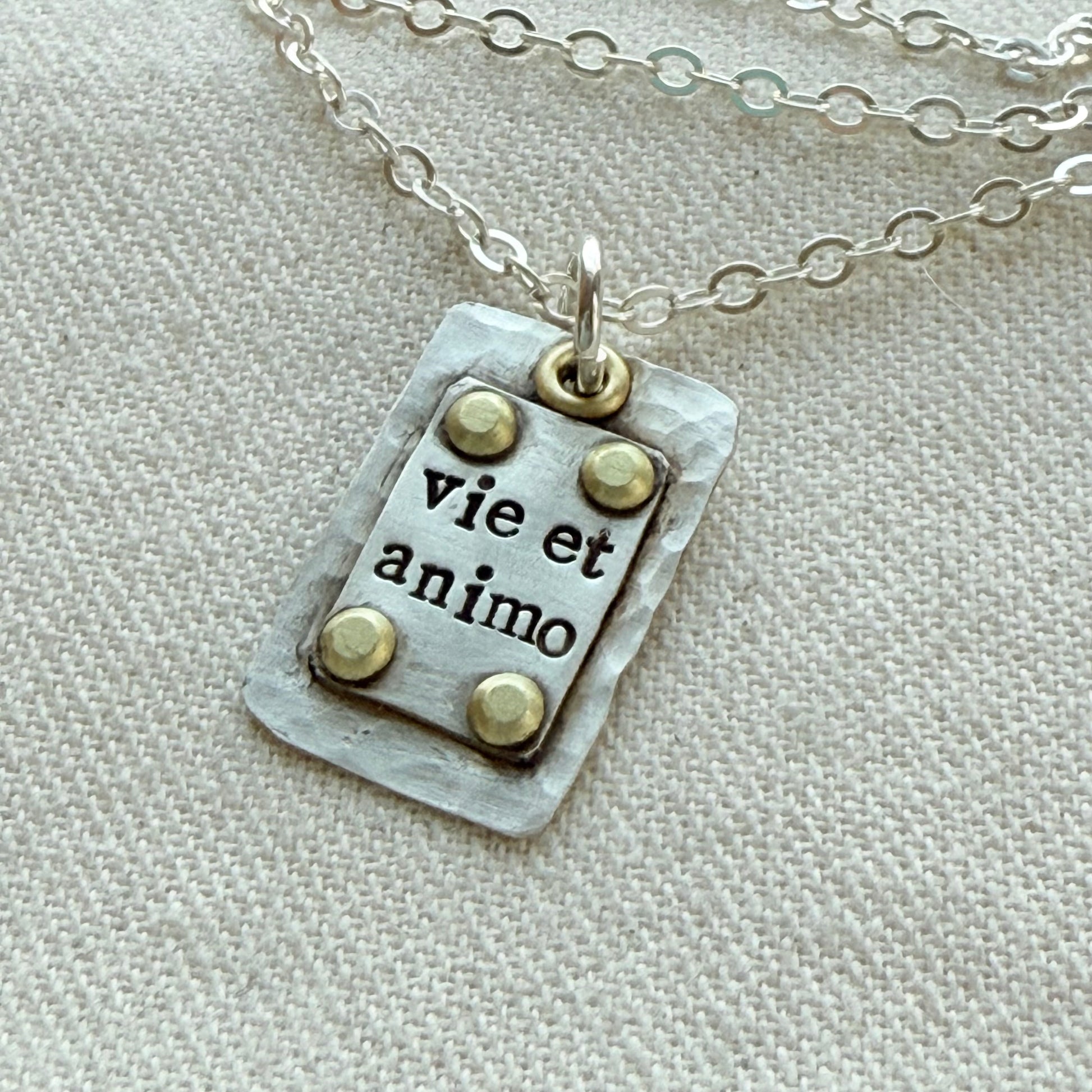 Sterling Silver and Golden brass | Vie et Animo | Rustic Hammered | Latin Phrase Necklace with Hearty and Soul - drake designs jewelry