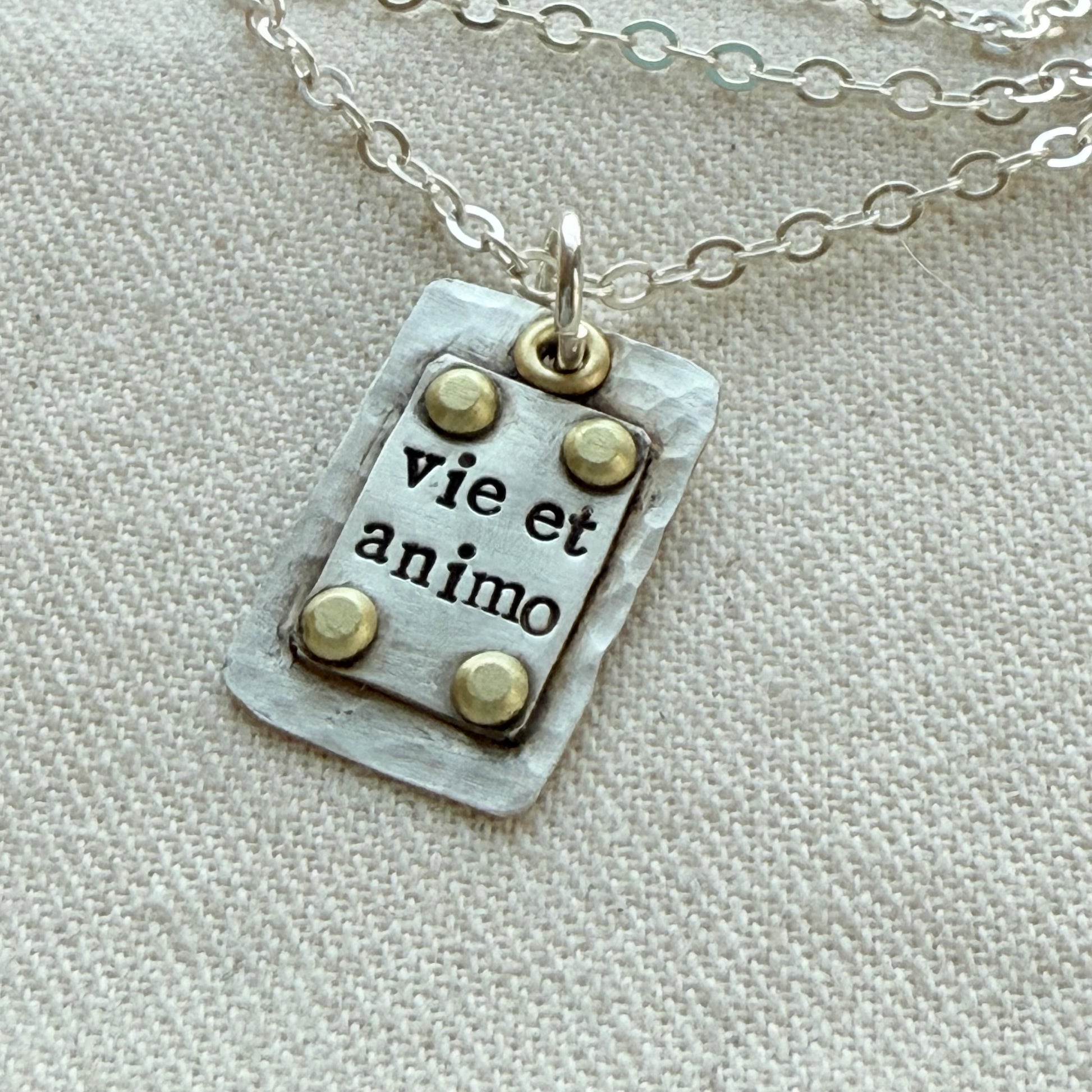 Sterling Silver and Golden brass | Vie et Animo | Rustic Hammered | Latin Phrase Necklace with Hearty and Soul - drake designs jewelry