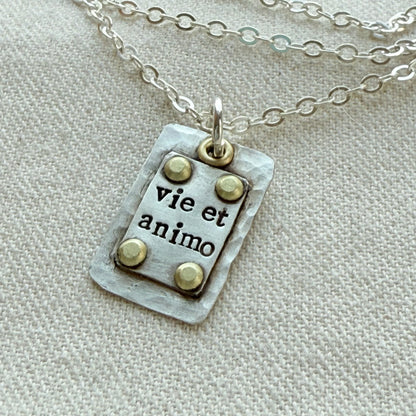 Sterling Silver and Golden brass | Vie et Animo | Rustic Hammered | Latin Phrase Necklace with Hearty and Soul - drake designs jewelry