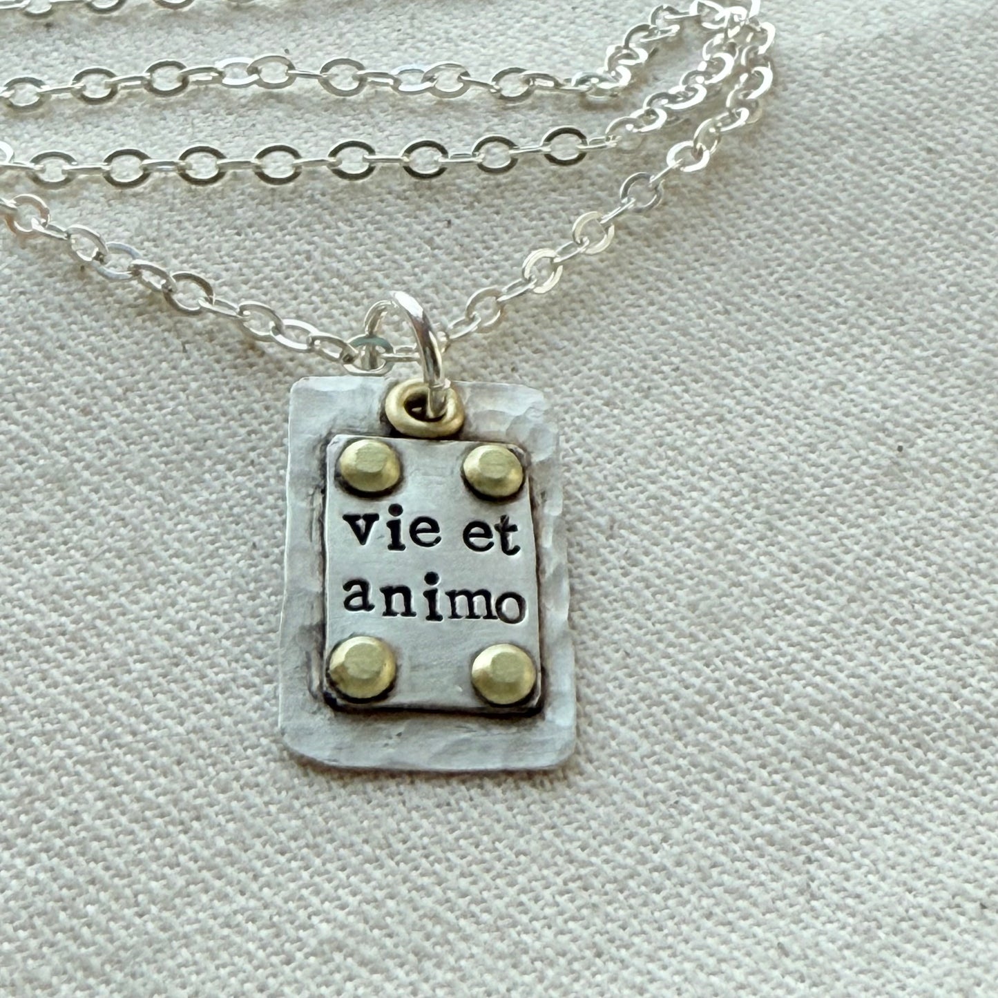 Sterling Silver and Golden brass | Vie et Animo | Rustic Hammered | Latin Phrase Necklace with Hearty and Soul - drake designs jewelry