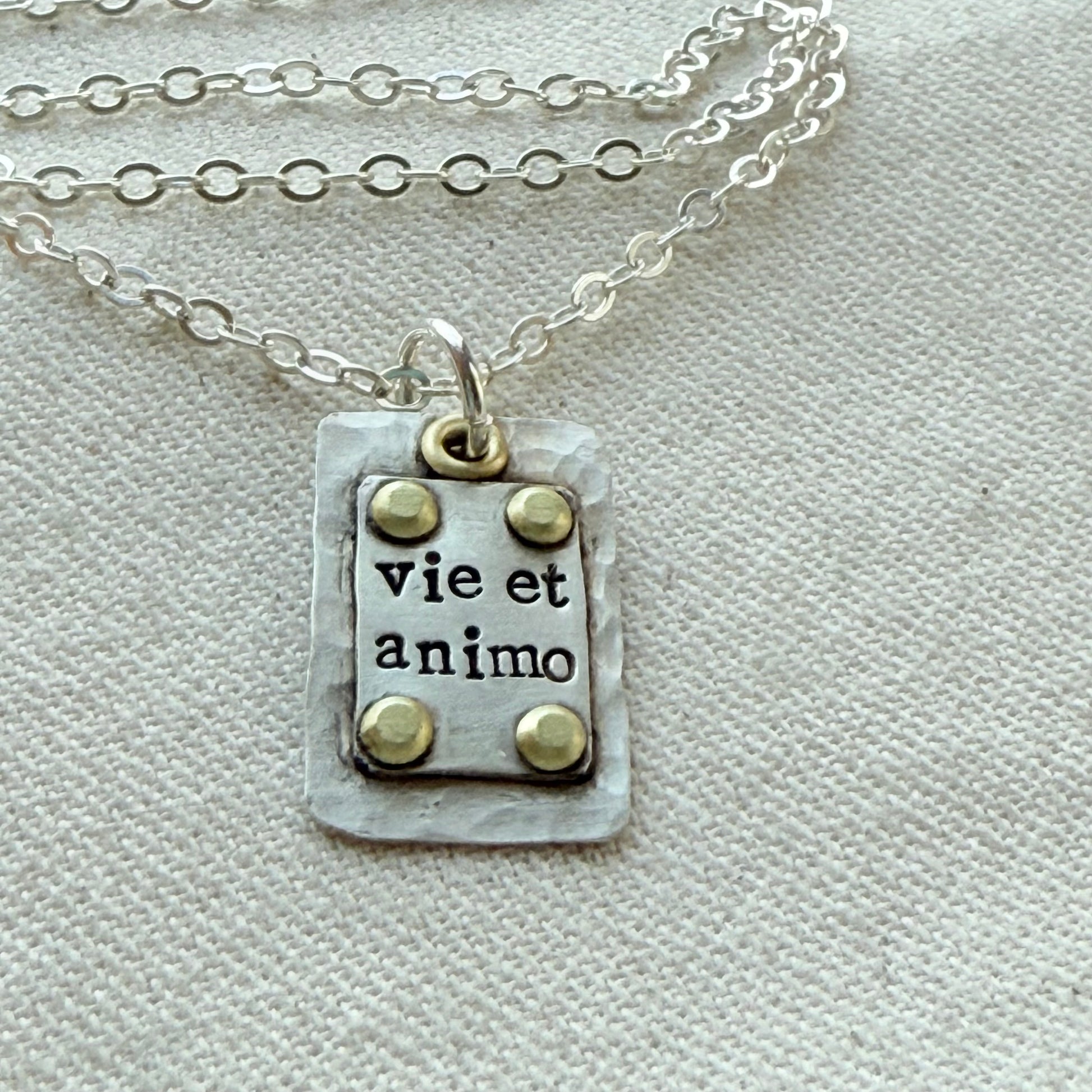 Sterling Silver and Golden brass | Vie et Animo | Rustic Hammered | Latin Phrase Necklace with Hearty and Soul - drake designs jewelry