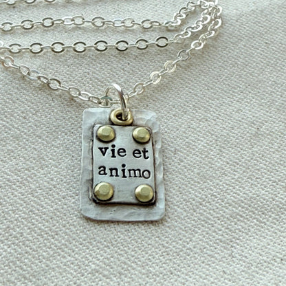 Sterling Silver and Golden brass | Vie et Animo | Rustic Hammered | Latin Phrase Necklace with Hearty and Soul - drake designs jewelry