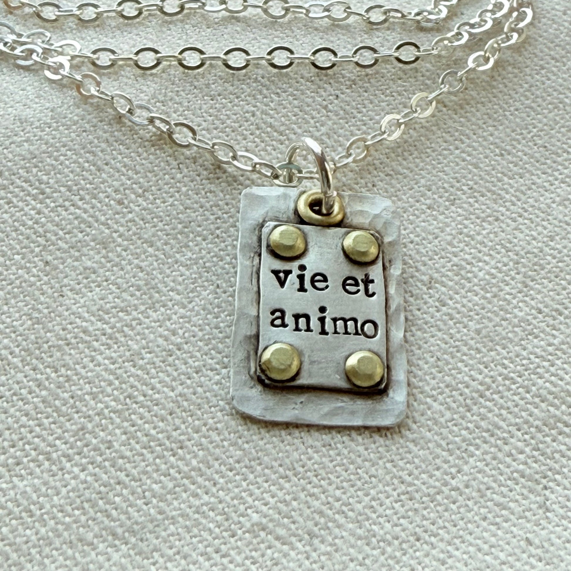 Sterling Silver and Golden brass | Vie et Animo | Rustic Hammered | Latin Phrase Necklace with Hearty and Soul - drake designs jewelry