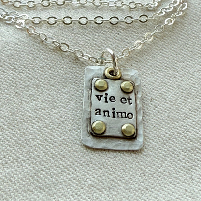Sterling Silver and Golden brass | Vie et Animo | Rustic Hammered | Latin Phrase Necklace with Hearty and Soul - drake designs jewelry