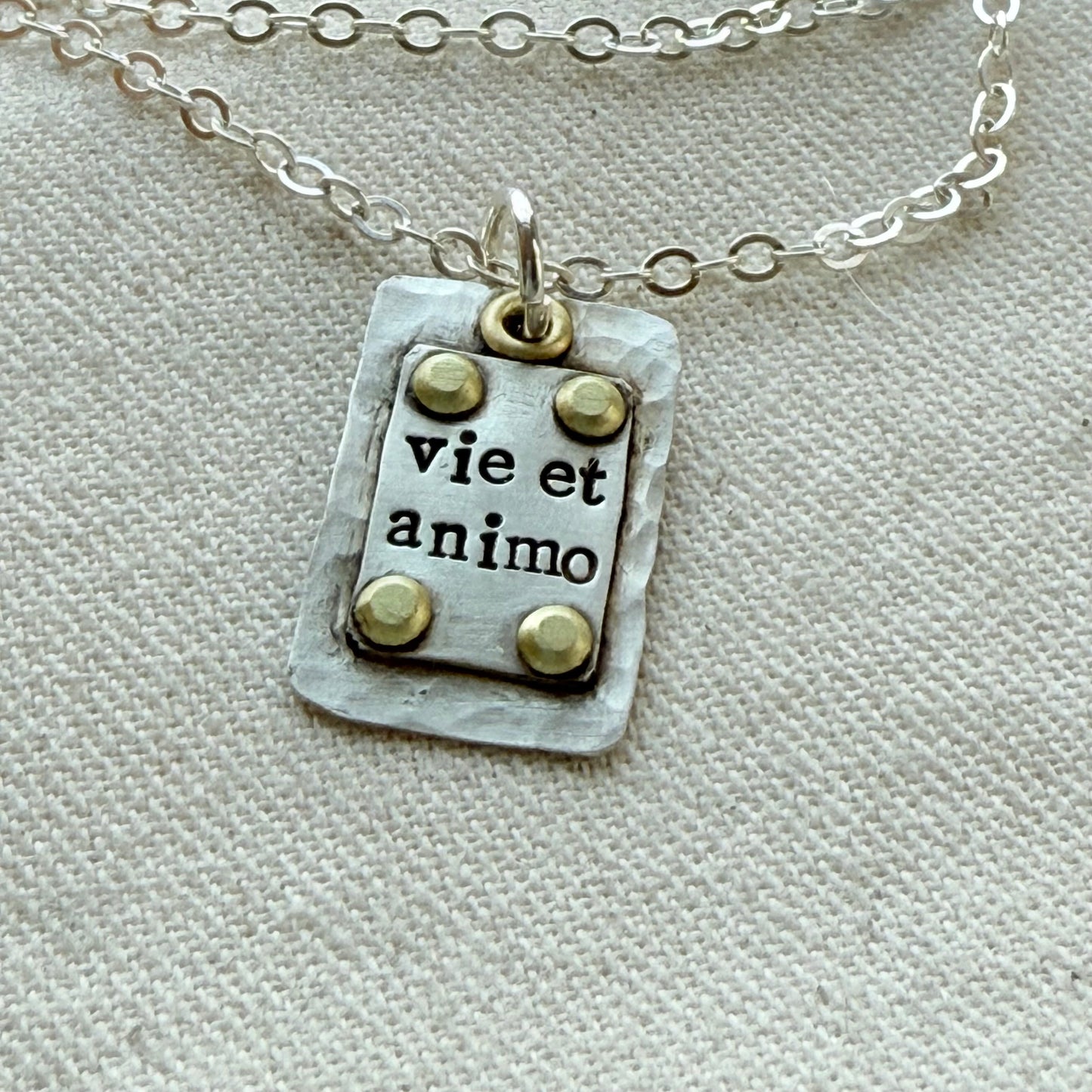 Sterling Silver and Golden brass | Vie et Animo | Rustic Hammered | Latin Phrase Necklace with Hearty and Soul - drake designs jewelry