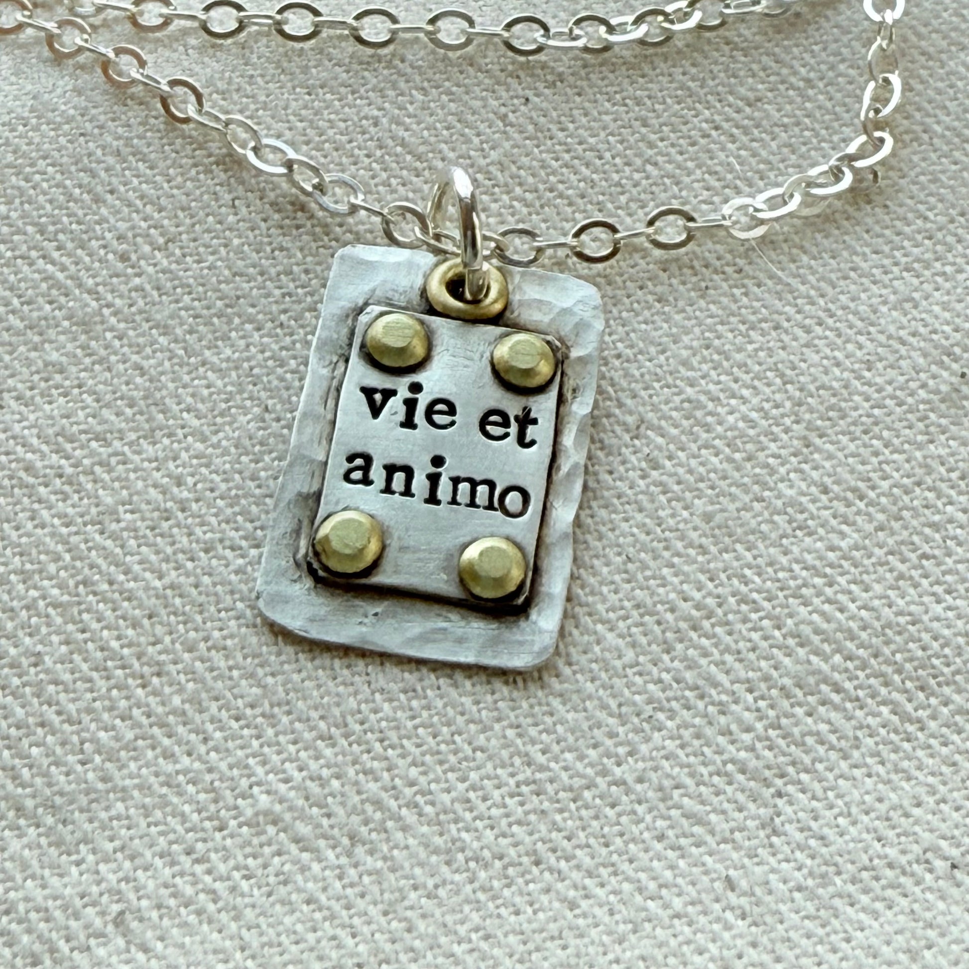 Sterling Silver and Golden brass | Vie et Animo | Rustic Hammered | Latin Phrase Necklace with Hearty and Soul - drake designs jewelry