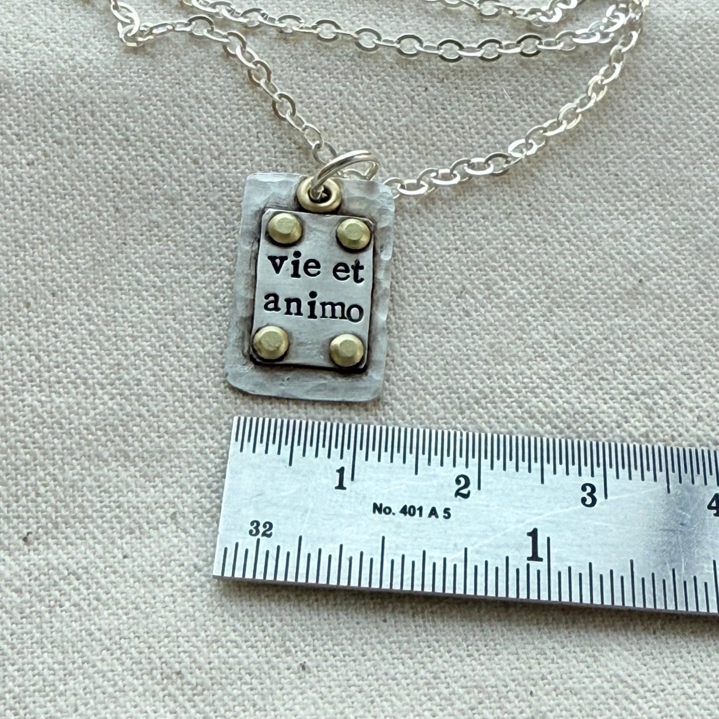 Sterling Silver and Golden brass | Vie et Animo | Rustic Hammered | Latin Phrase Necklace with Hearty and Soul - drake designs jewelry