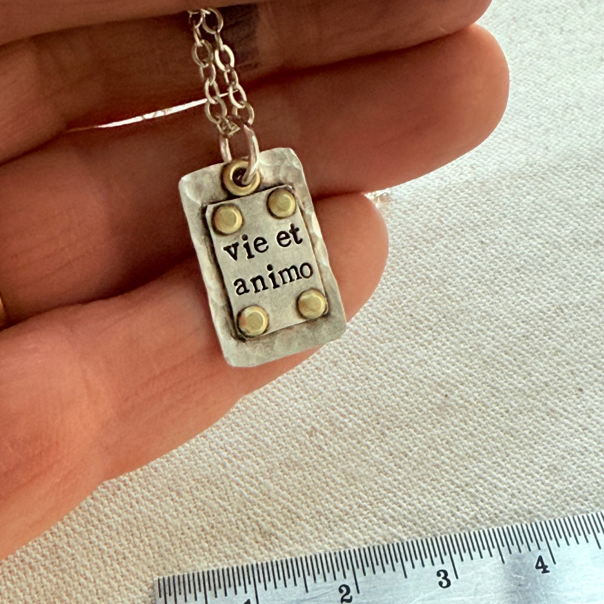 Sterling Silver and Golden brass | Vie et Animo | Rustic Hammered | Latin Phrase Necklace with Hearty and Soul - drake designs jewelry