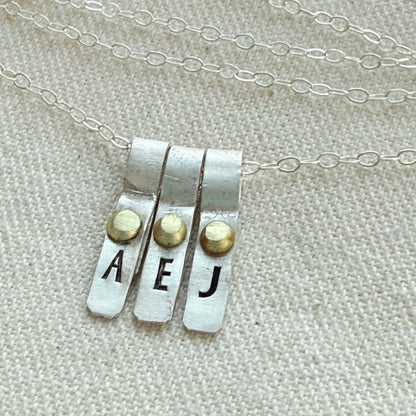 Teeny Tiny Sterling Silver Initial Charm Necklace with Hand Riveted Golden Accents | Art Deco Initial - drake designs jewelry
