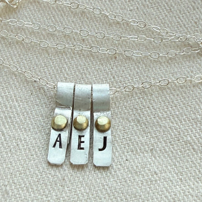 Teeny Tiny Sterling Silver Initial Charm Necklace with Hand Riveted Golden Accents | Art Deco Initial - drake designs jewelry