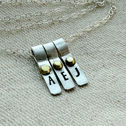 Teeny Tiny Sterling Silver Initial Charm Necklace with Hand Riveted Golden Accents | Art Deco Initial - drake designs jewelry