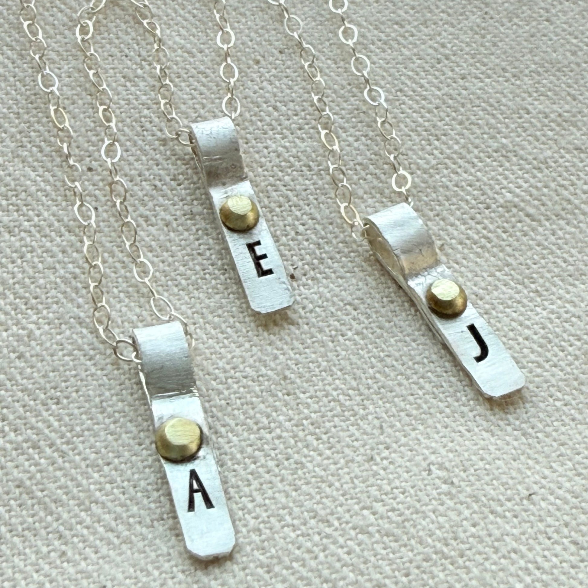 Teeny Tiny Sterling Silver Initial Charm Necklace with Hand Riveted Golden Accents | Art Deco Initial - drake designs jewelry