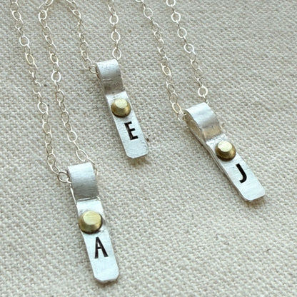 Teeny Tiny Sterling Silver Initial Charm Necklace with Hand Riveted Golden Accents | Art Deco Initial - drake designs jewelry