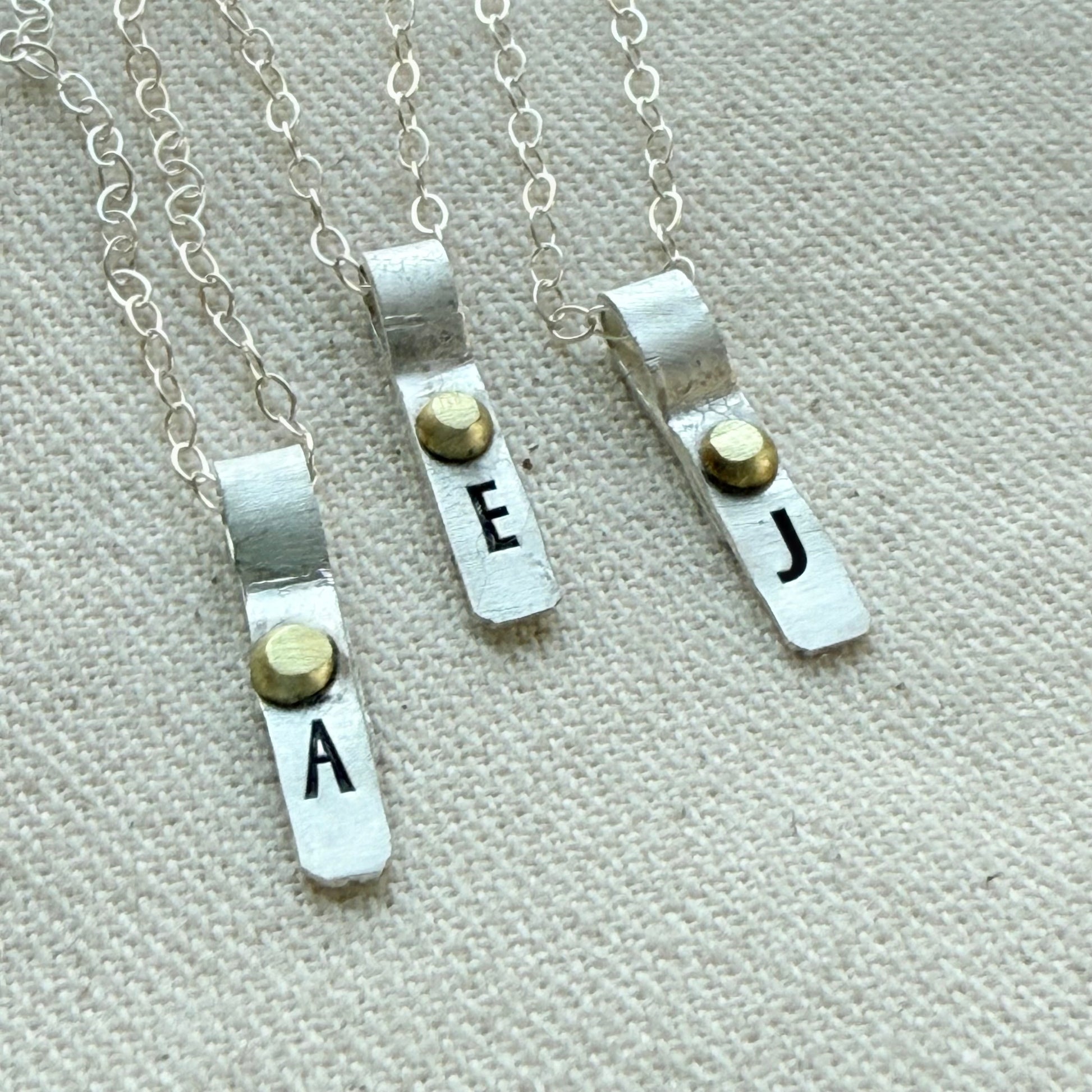 Teeny Tiny Sterling Silver Initial Charm Necklace with Hand Riveted Golden Accents | Art Deco Initial - drake designs jewelry