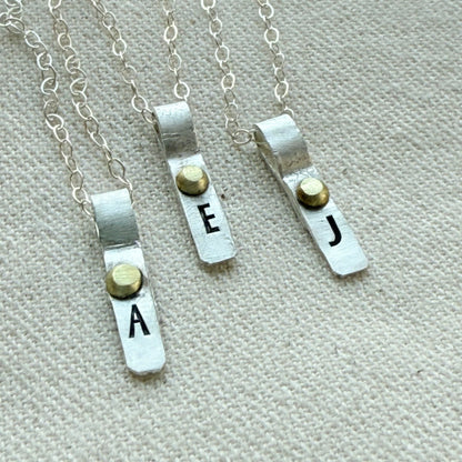Teeny Tiny Sterling Silver Initial Charm Necklace with Hand Riveted Golden Accents | Art Deco Initial - drake designs jewelry