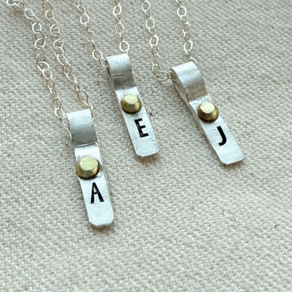 Teeny Tiny Sterling Silver Initial Charm Necklace with Hand Riveted Golden Accents | Art Deco Initial - drake designs jewelry