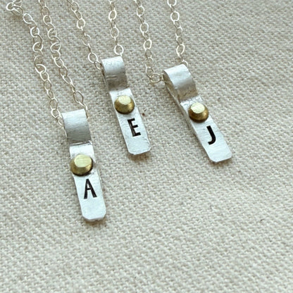 Teeny Tiny Sterling Silver Initial Charm Necklace with Hand Riveted Golden Accents | Art Deco Initial - drake designs jewelry