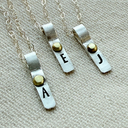Teeny Tiny Sterling Silver Initial Charm Necklace with Hand Riveted Golden Accents | Art Deco Initial - drake designs jewelry