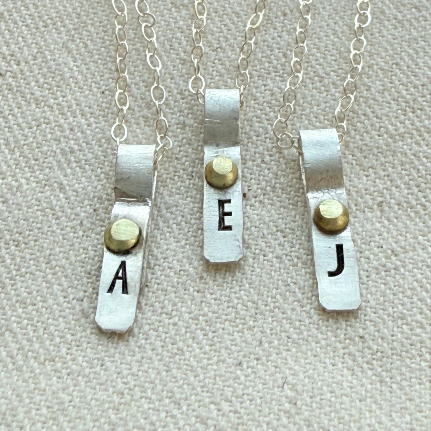 Teeny Tiny Sterling Silver Initial Charm Necklace with Hand Riveted Golden Accents | Art Deco Initial - drake designs jewelry