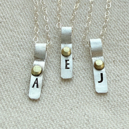 Teeny Tiny Sterling Silver Initial Charm Necklace with Hand Riveted Golden Accents | Art Deco Initial - drake designs jewelry