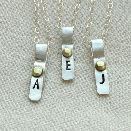 Teeny Tiny Sterling Silver Initial Charm Necklace with Hand Riveted Golden Accents | Art Deco Initial - drake designs jewelry