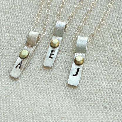 Teeny Tiny Sterling Silver Initial Charm Necklace with Hand Riveted Golden Accents | Art Deco Initial - drake designs jewelry